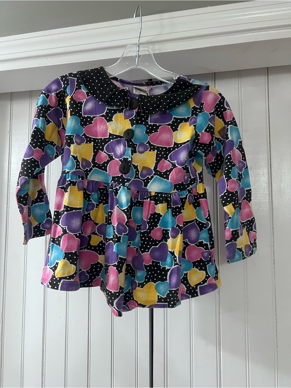 Girls' Black Heart-Print Long-Sleeve Top with Peter Pan Collar